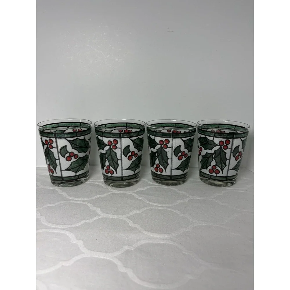 4 West Virginia Snowy Holly Berry Stained Glass On Rocks Christmas Glasses Set